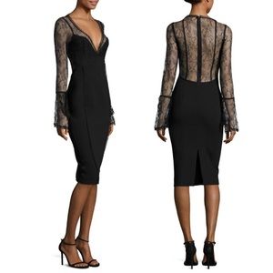 Nicholas black French lace flared bell sleeves midi cocktail dress